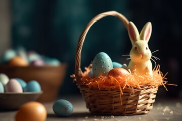 Easter eggs in the bucket, rabbit, generative AI