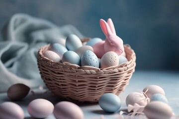 Easter eggs in the bucket, rabbit, generative AI