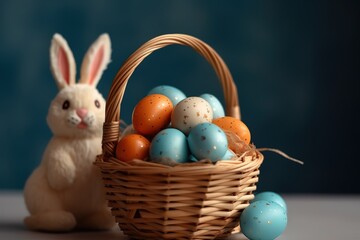 Fototapeta na wymiar Easter eggs in the bucket, rabbit, generative AI