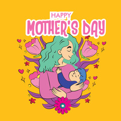 mother's day illustration with mom hug baby and floral frame