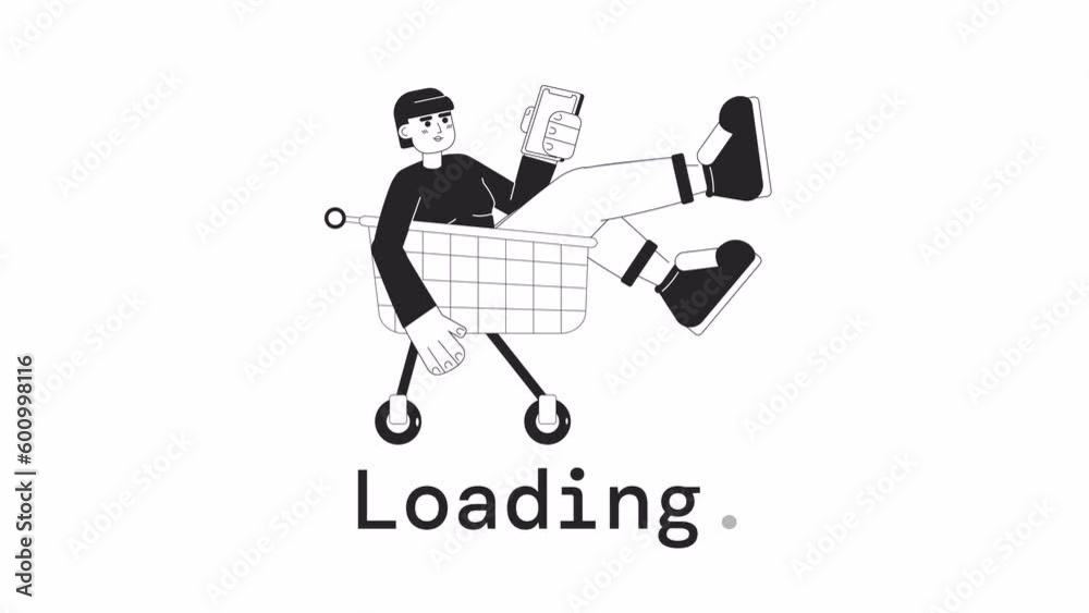 Poster animated bw internet shopper loader. girl in cart purchasing with phone. flash message 4k video foot