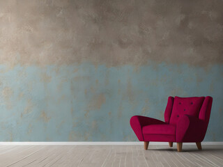 The interior has a armchair on empty gray and blue wall background