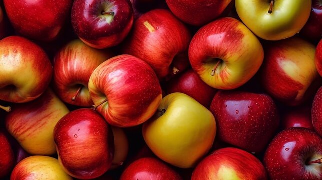  Fresh ripe red Apples background, ai generated