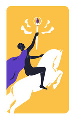 Fototapeta na wymiar Warrior winner on horse, holding sacred holy wand. Victory, concept metaphor card. Mysterious secret character riding horseback, supernatural power and triumph symbol in hand. Flat vector illustration