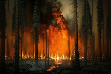 Wildfire burns ground in forest, Generative Ai