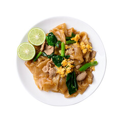 Thai food (Pad See Ew), Stir fried rice noodles soy sauce with pork, egg and kale 