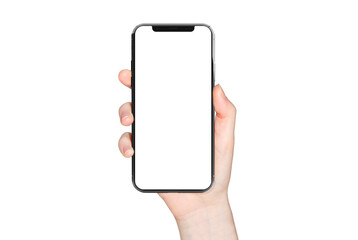 Isolated modern smartphone in woman hand. Cut out mobile phone with transparent screen and background