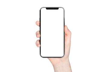 Isolated modern smartphone in woman hand. Cut out mobile phone with transparent screen and background