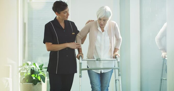 Support, nurse and senior woman in walking frame for homecare, healthcare or muscle rehabilitation. Caregiver, elderly patient or real person with disability, Parkinson and helping for home nursing