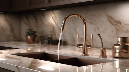 Water faucet with sink in the kitchen marble finish, modern kitchen interior design Generative AI