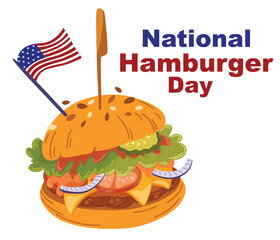 National Hamburger Day illustration. Cartoon burger. Fresh meat burger with vegetables. Burger Day Poster, May 28. Great for greeting card, poster and banner. Vector Isolated on white background. 