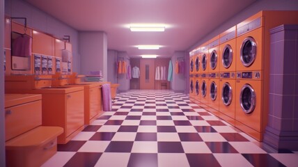 Fototapeta na wymiar Modern laundry room, industrial washer and dryer, bright color interior. Generative AI