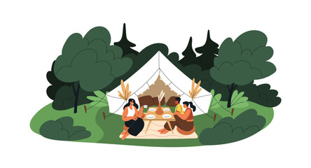 Friends relaxing at summer camping, glamping with tent. Tourists drinking tea at table in nature. Comfortable rest in forest on summer holiday. Flat vector illustration isolated on white background