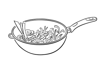 Frying pan with food. Wok dish. Asian, European dish. Vector illustration isolated on white background in doodle style, icon