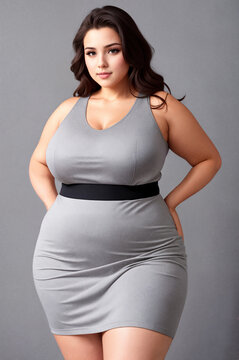 Beauty curve plus size woman in a gray mini dress on a gray background.Digital creative designer art.AI illustration