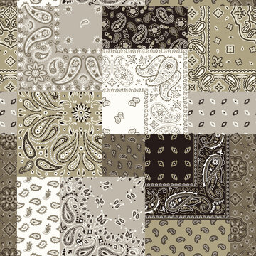 Paisley bandana fabric patchwork wallpaper vintage vector seamless pattern