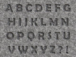 carved stone full alphabet, letters in stone,  characters, question mark 3D render