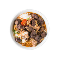 Northern Thai food, Spicy rice noodles soup with pork and pork blood in bowl, Local Thai food