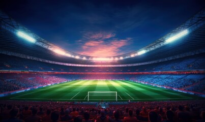 Fototapeta na wymiar Soccer or Football stadium with green field background. Generative AI