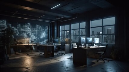 Obraz na płótnie Canvas Modern office, high-tech design, computers on the tables, evening light. Generative AI