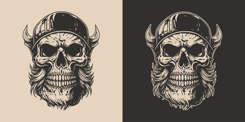 Set of vintage retro scary skull. Can be used like emblem, logo, badge, label. mark, poster or print. Monochrome Graphic Art. Vector. Hand drawn element in engraving