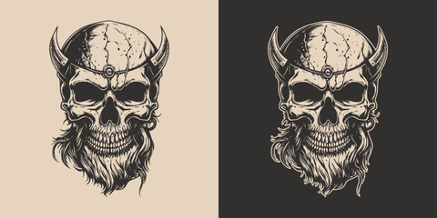 Set of vintage retro scary skull. Can be used like emblem, logo, badge, label. mark, poster or print. Monochrome Graphic Art. Vector. Hand drawn element in engraving