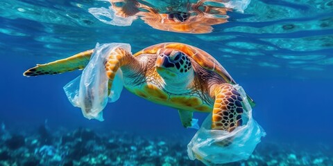 Sea turtle trapped in a plastic bag, Stop ocean plastic pollution concept. Generative AI