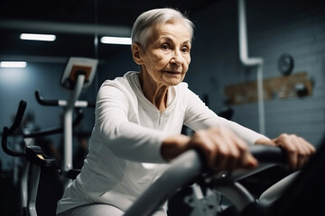 Fototapeta na wymiar Portrait of an elderly woman training on a simulator in a gym. Illustration of Generative AI