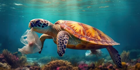 Sea turtle trapped in a plastic bag, Stop ocean plastic pollution concept. Generative AI