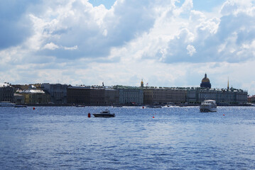 Fototapeta premium Pleasure boat sailing on the river, river channels, walks for tourists, Vacation.
