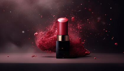 Close up with red lipstick lockup, floating powder and gradient background - obrazy, fototapety, plakaty