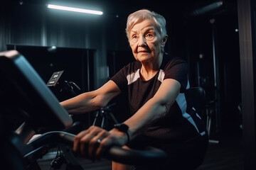 An elderly woman working out in the gym on a simulator. Illustration of Generative AI