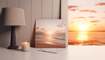 Romantic greeting card design, burning candle and background with sunset and ocean