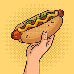 Hot dog in hand pinup pop art retro vector illustration. Comic book style imitation.