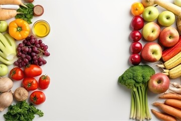 Assorted healthy food with fruit and vegetable on white background with copy space, Generative AI