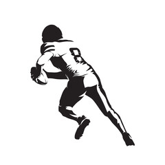 Football player running with ball, isolated vector silhouette, ink drawing
