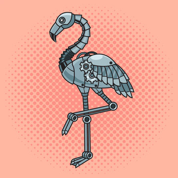 Mechanical flamingo bird robot pinup pop art retro vector illustration. Comic book style imitation.