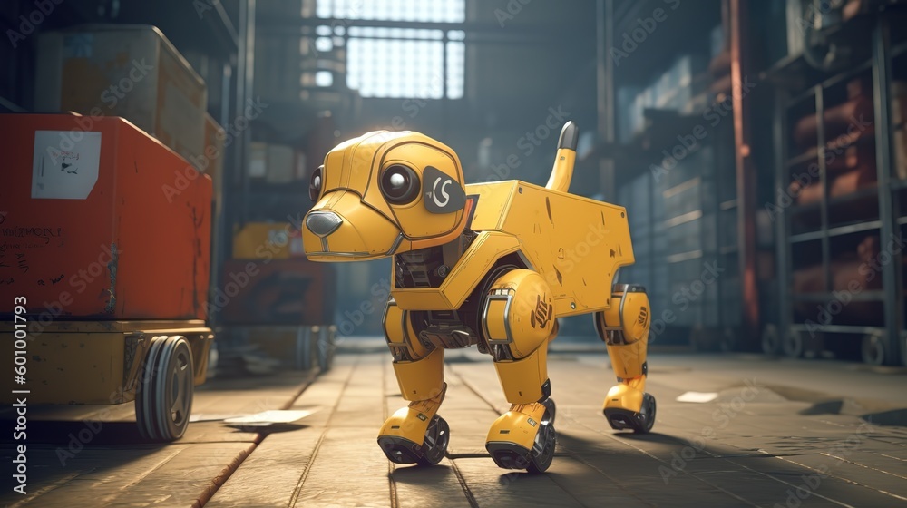 Poster A robot dog is in a robot factory.Futuristic technologies of the future. Generative AI