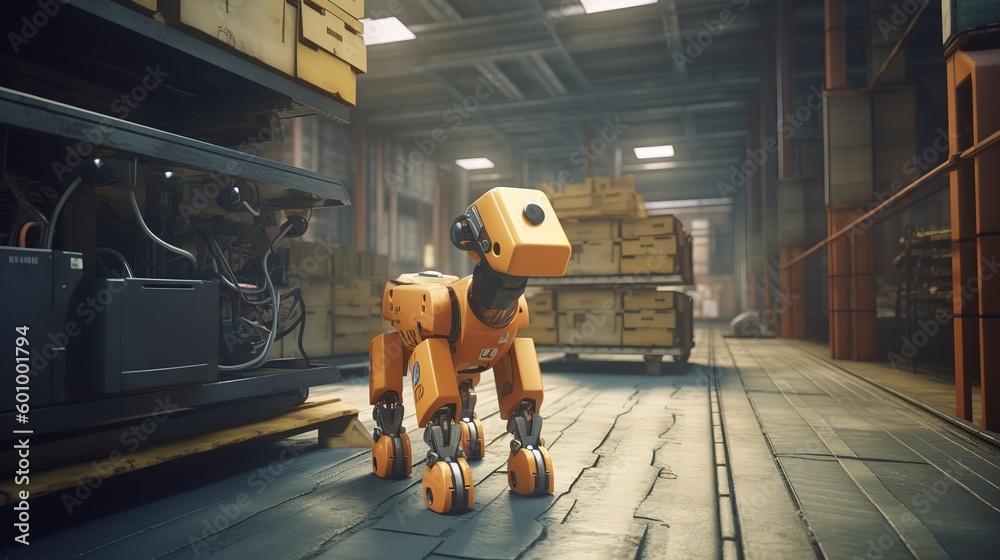 Poster A robot dog is in a robot factory.Futuristic technologies of the future. Generative AI