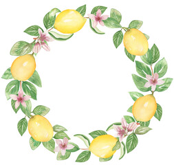 Hand drawn round frame of watercolor lemon. Watercolor illustration wreath of lemon, flowers and leaves. Can be used as a greeting card for background, birthday, mother's day,etc..