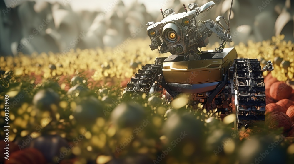 Poster smart robotic farmers concept, robot farmers. futuristic technologies of the future. generative ai