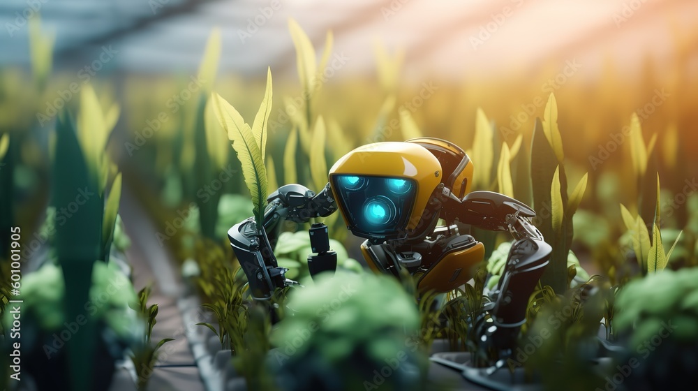 Poster smart robotic farmers concept, robot farmers. futuristic technologies of the future. generative ai