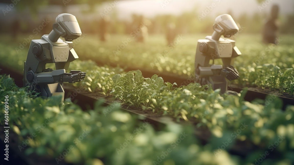 Aufkleber smart robotic farmers concept, robot farmers. futuristic technologies of the future. generative ai