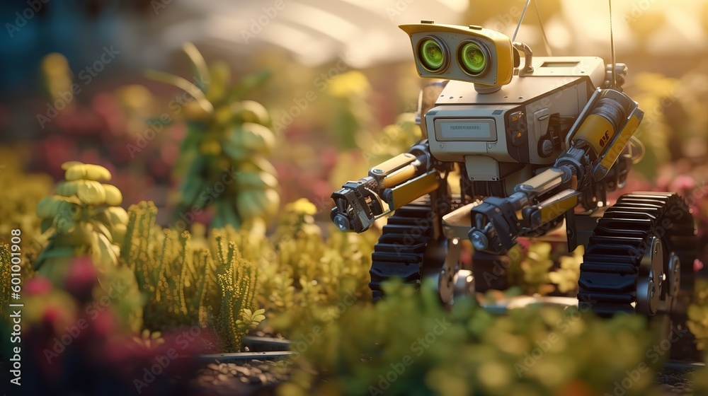 Poster smart robotic farmers concept, robot farmers. futuristic technologies of the future. generative ai