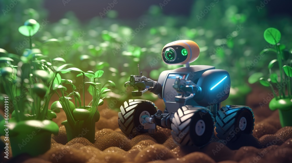 Poster smart robotic farmers concept, robot farmers. futuristic technologies of the future. generative ai