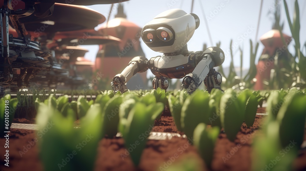 Poster smart robotic farmers concept, robot farmers. futuristic technologies of the future. generative ai