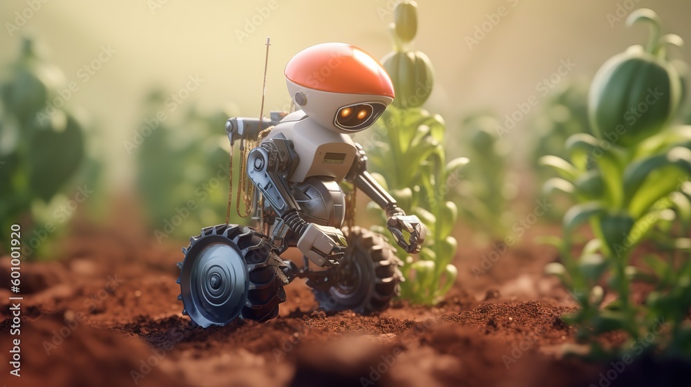 Poster smart robotic farmers concept, robot farmers. futuristic technologies of the future. generative ai