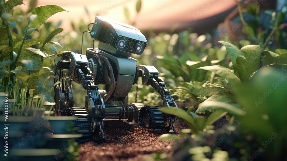 Poster smart robotic farmers concept, robot farmers. futuristic technologies of the future. generative ai