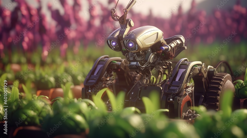 Poster smart robotic farmers concept, robot farmers. futuristic technologies of the future. generative ai
