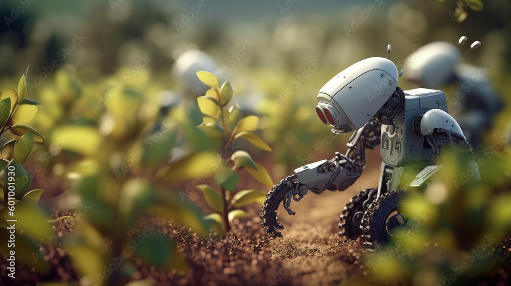 Poster smart robotic farmers concept, robot farmers. futuristic technologies of the future. generative ai